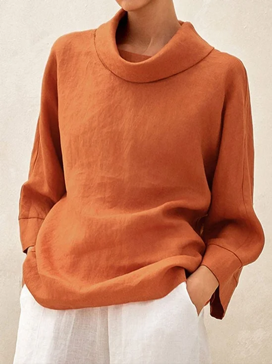 Women's Long Sleeve Blouse Spring/Fall Plain Cotton And Linen Mock Neck Daily Going Out Casual Top Orange
