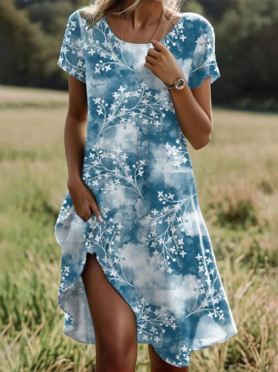 Women's Short Sleeve Summer Floral Dress Crew Neck Daily Going Out Casual Midi H-Line T-Shirt Dress Blue