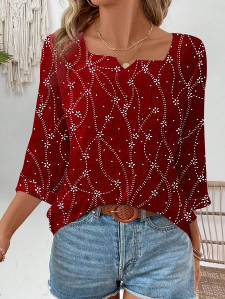 Women's Three Quarter Sleeve Blouse Spring/Fall Geometric Notched Daily Going Out Casual Top Wine Red