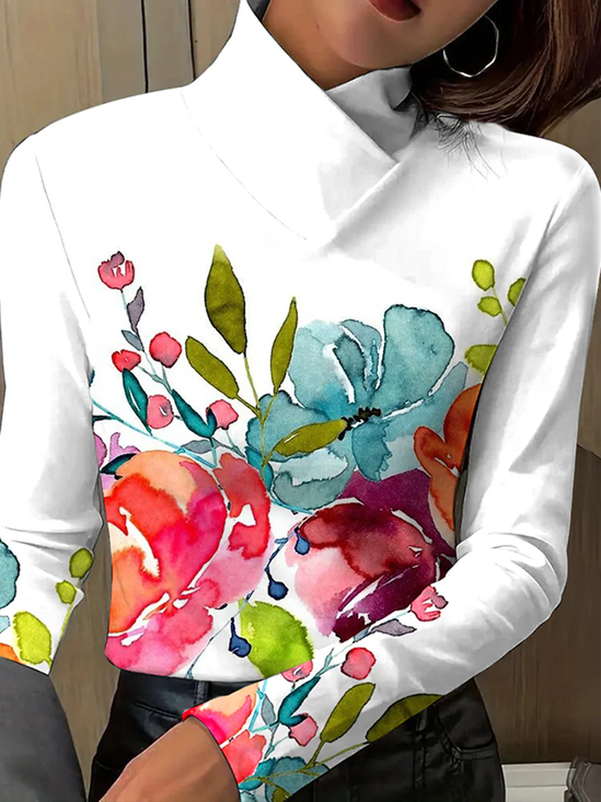 Women's Long Sleeve Blouse Spring/Fall Floral Turtleneck Daily Going Out Casual Top White