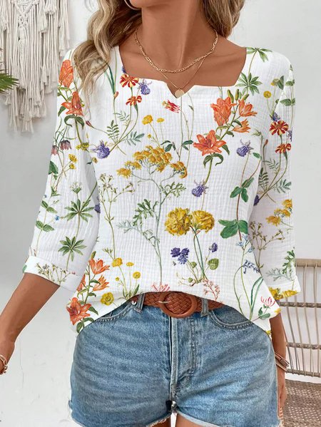 Women's Three Quarter Sleeve Blouse Spring/Fall Floral Notched Daily Going Out Casual Top White