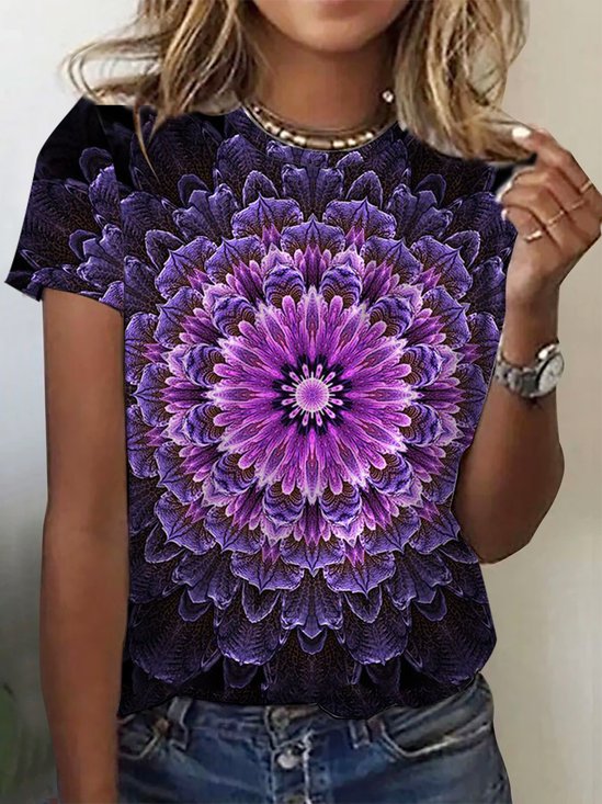 Women's Short Sleeve Tee T-shirt Summer Floral Printing Knitted Crew Neck Daily Going Out Casual Top Purple
