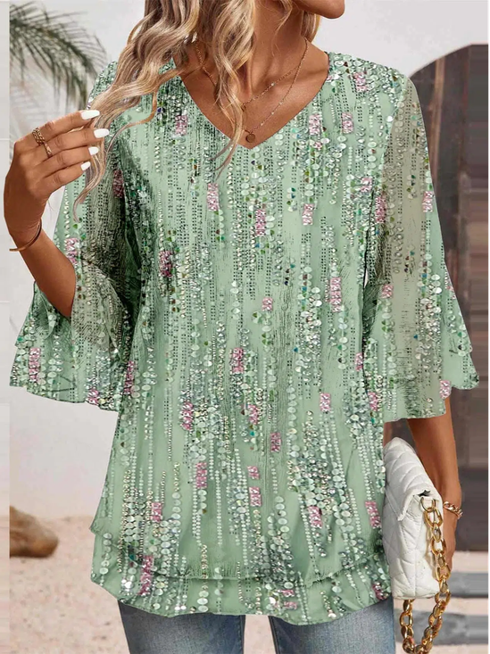 Women's Half Sleeve Blouse Summer Geometric Jersey V Neck Bell Sleeve Daily Going Out Casual Top Green