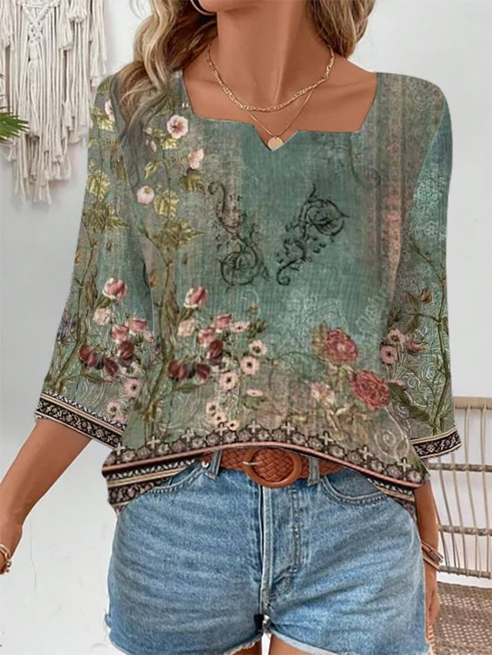Women's Three Quarter Sleeve Blouse Spring/Fall Ethnic Notched Daily Going Out Casual Top Green