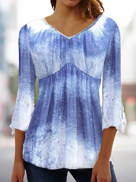 Women's Three Quarter Sleeve Blouse Spring/Fall Ombre Jersey V Neck Bell Sleeve Daily Going Out Casual Top Blue