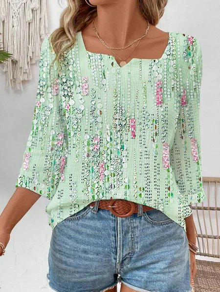 Women's Three Quarter Sleeve Blouse Spring/Fall Geometric Notched Daily Going Out Casual Top Green