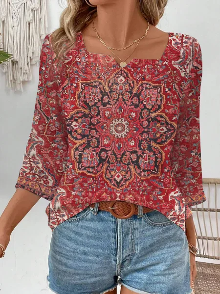 Women's Three Quarter Sleeve Blouse Spring/Fall Ethnic Jersey Notched Bell Sleeve Daily Going Out Casual Top Red