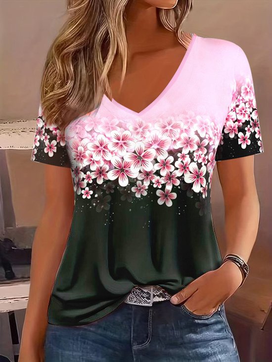 Women's Short Sleeve Tee T-shirt Summer Floral Printing Knitted V Neck Daily Going Out Casual Top Pink