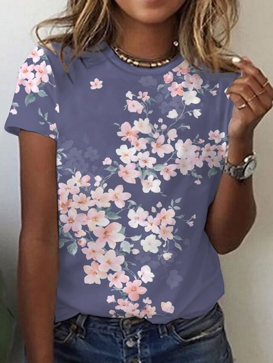Women's Long Sleeve Tee T-shirt Spring/Fall Floral Cotton V Neck Daily Going Out Casual Top Gray