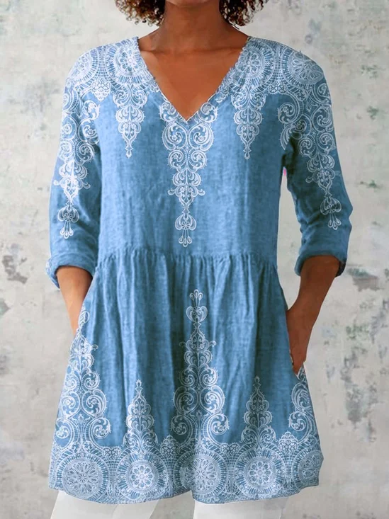 Women's Three Quarter Sleeve Blouse Spring/Fall Ethnic V Neck Daily Going Out Casual Top Blue
