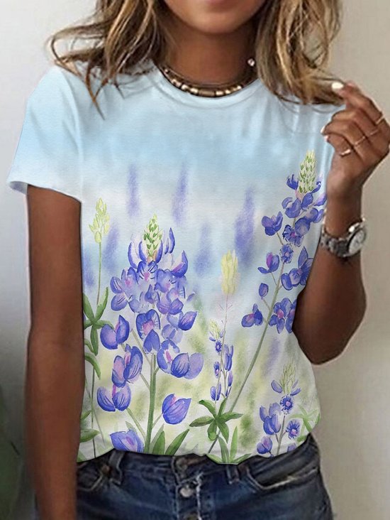 Women's Short Sleeve Tee T-shirt Summer Floral Cotton V Neck Daily Going Out Casual Top Blue