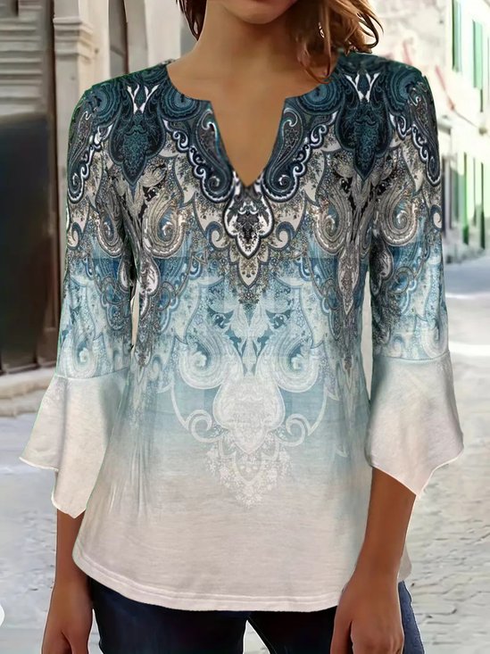 Women's Three Quarter Sleeve Blouse Spring/Fall Floral V Neck Daily Going Out Casual Top Black