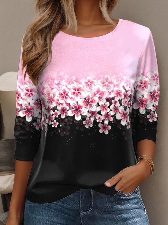 Women's Long Sleeve Tee T-shirt Spring/Fall Floral Cotton Crew Neck Daily Going Out Casual Top Black