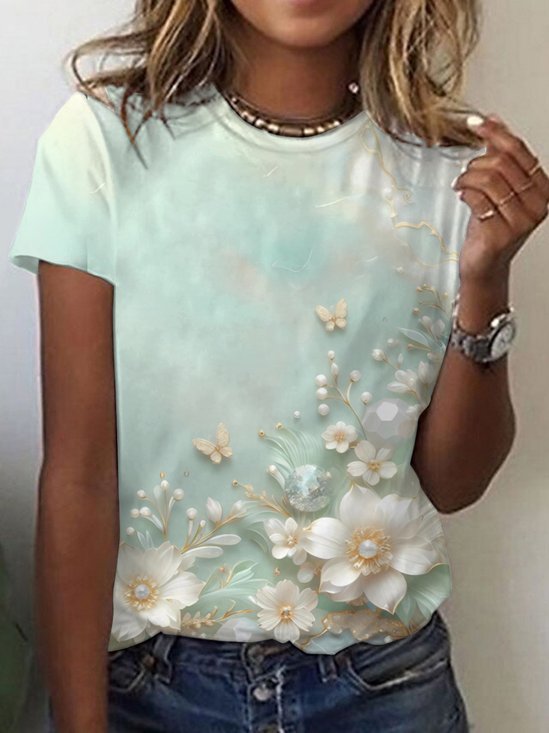 Women's Long Sleeve Tee T-shirt Spring/Fall Floral Jersey V Neck Daily Going Out Casual Top Green