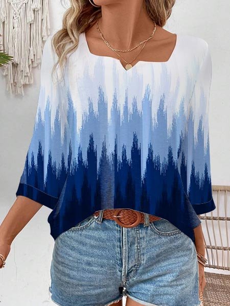 Women's Three Quarter Sleeve Tee T-shirt Spring/Fall Color Block Printing Cotton Notched Daily Going Out Vintage Top Blue