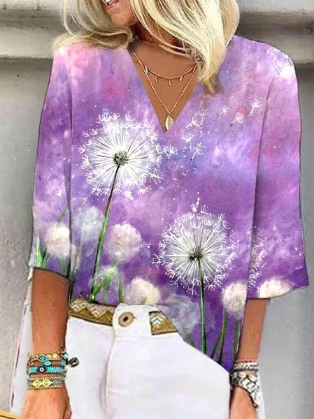 Women's Three Quarter Sleeve Tee T-shirt Spring/Fall Dandelion Printing V Neck Daily Going Out Vintage Top