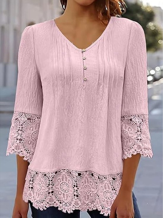 Women's Three Quarter Sleeve Blouse Spring/Fall Plain Lace V Neck Daily Going Out Casual Top White