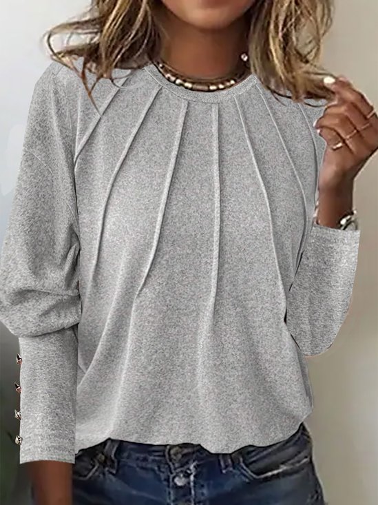 Women's Long Sleeve Tee T-shirt Spring/Fall Plain Pleated Knitted Crew Neck Daily Going Out Casual Top Light Gray