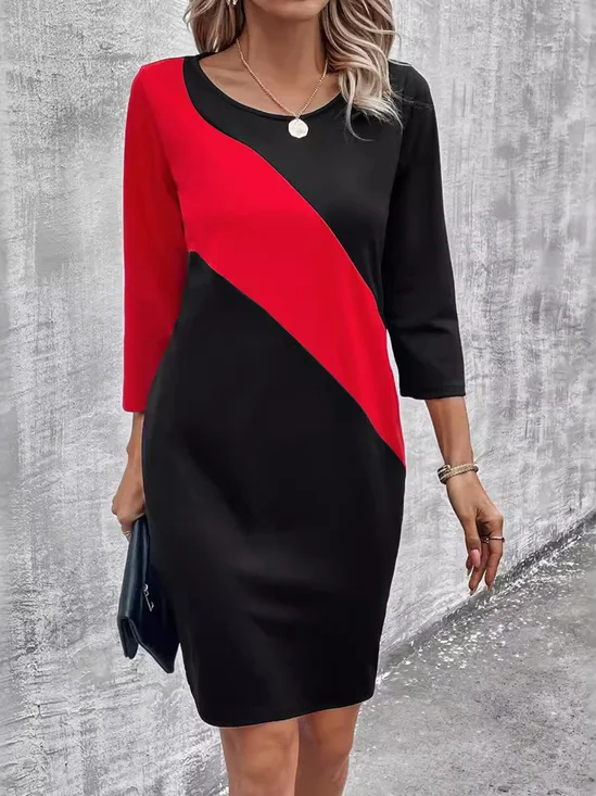 Women's Long Sleeve Spring/Fall Color Block Knitted Dress Crew Neck Daily Going Out Casual Midi H-Line T-Shirt Dress Black