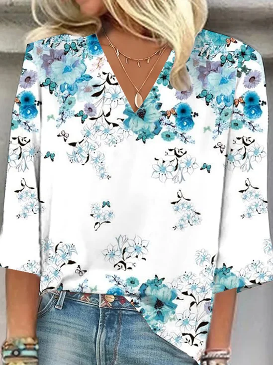 Women's Three Quarter Sleeve Tee T-shirt Spring/Fall Floral Printing V Neck Daily Going Out Vintage Top Blue