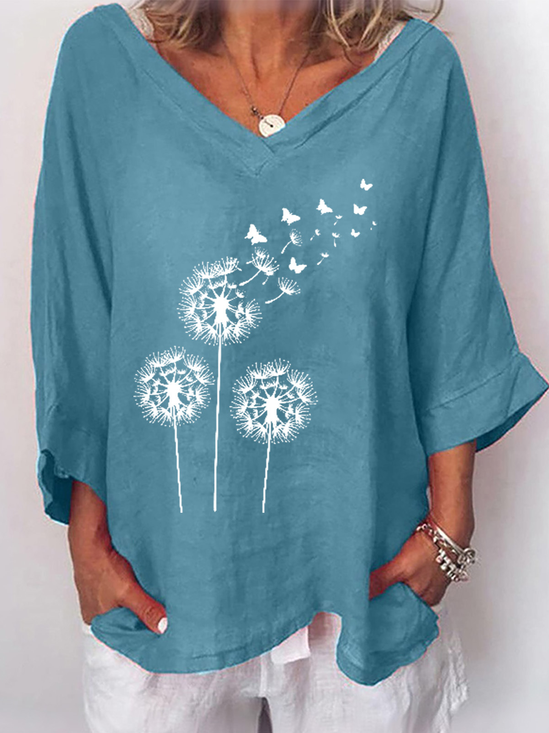 Women's Long Sleeve Blouse Spring/Fall Dandelion Cotton V Neck Daily Going Out Casual Top