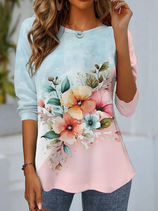 Women's Long Sleeve Tee T-shirt Spring/Fall Floral Jersey Crew Neck Daily Going Out Casual Top Pink