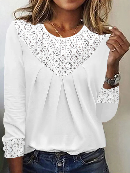 Women's Long Sleeve Blouse Spring/Fall Dandelion Lace Cotton Crew Neck Daily Going Out Casual Top