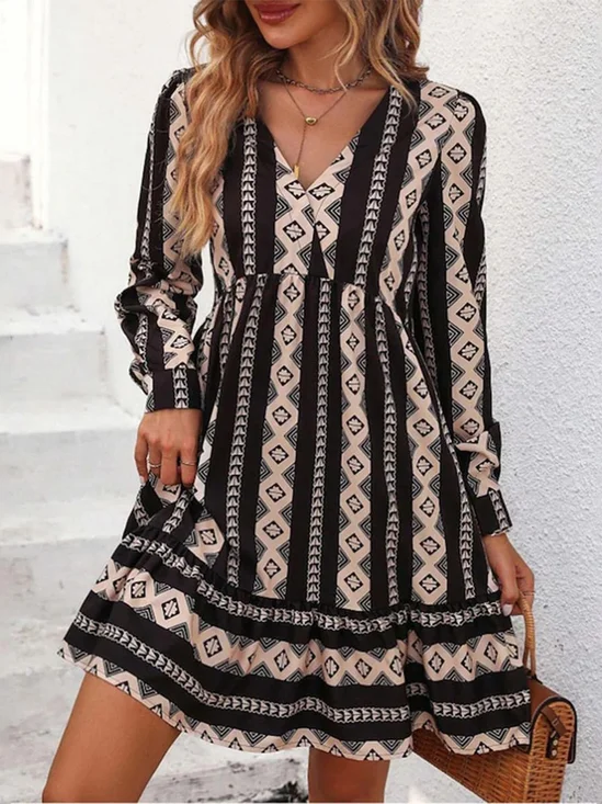 Women's Long Sleeve Spring/Fall Ethnic Printing Chiffon Dress V Neck Party Going Out Ethnic Midi A-Line