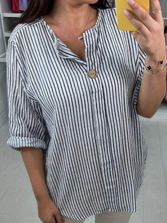 Women's Half Sleeve Blouse Summer Striped Cotton And Linen V Neck Daily Going Out Casual Top