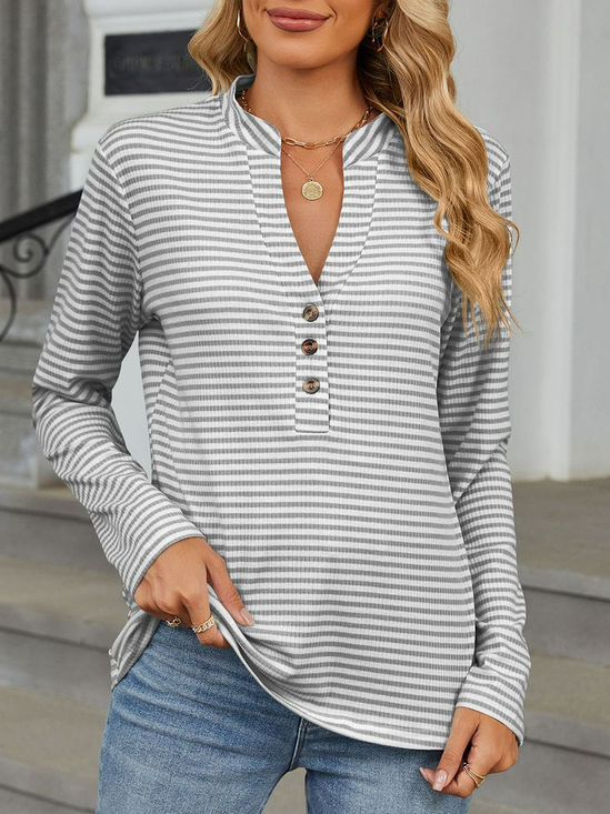 Women's Long Sleeve Blouse Spring/Fall Striped Buckle V Neck Daily Going Out Casual Top