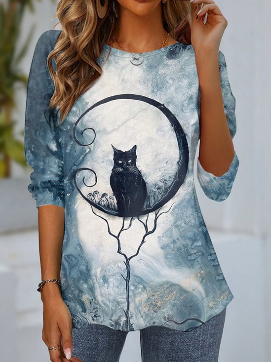 Women's Long Sleeve Tee T-shirt Spring/Fall Cat Jersey Crew Neck Daily Going Out Casual Top