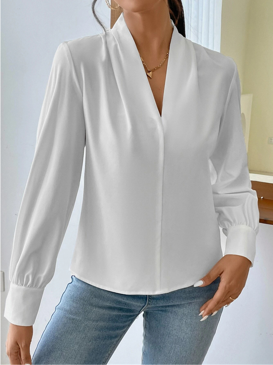 Women's Long Sleeve Blouse Spring/Fall Plain V Neck Daily Going Out Casual Top