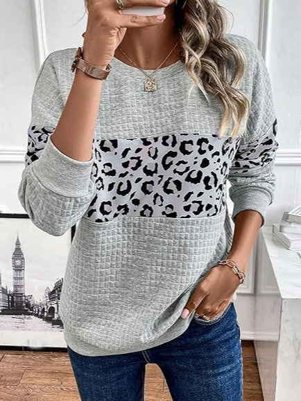 Women's Crew Neck Leopard Split Joint Casual Spring/Fall Long Sleeve Sweatshirt