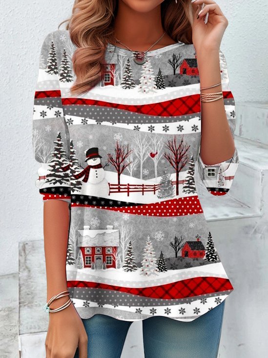 Women's Long Sleeve Tee T-shirt Spring/Fall Christmas Snowman Printing Jersey Crew Neck Daily Going Out Vintage Top