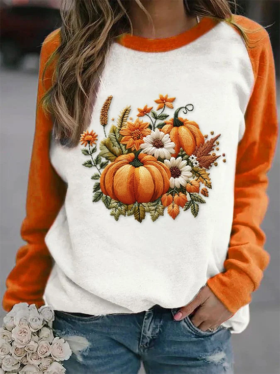 Women's Crew Neck Pumpkin Pattern Printing Vintage Spring/Fall Long Sleeve Sweatshirt