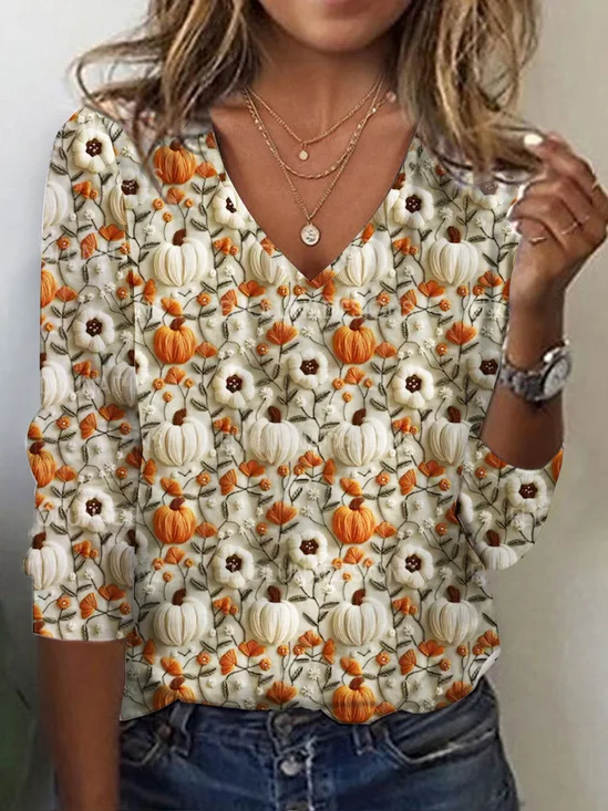 Women's Long Sleeve Tee T-shirt Spring/Fall Halloween (pumpkin) Printing Jersey V Neck Daily Going Out Vintage Top