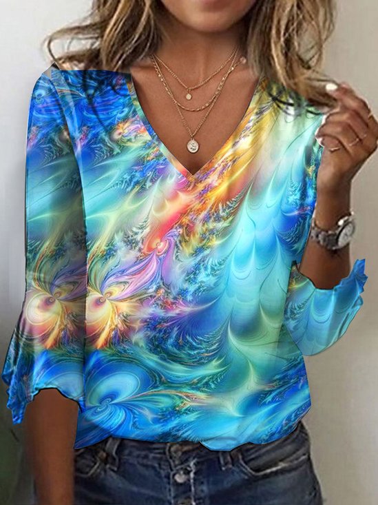 Women's Three Quarter Sleeve Tee T-shirt Spring/Fall Gradient Pattern Printing Jersey V Neck Daily Going Out Vintage Top