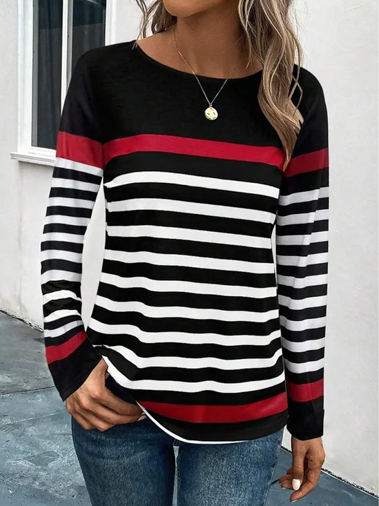 Women's Long Sleeve Tee T-shirt Spring/Fall Striped Printing Jersey Crew Neck Daily Going Out Vintage Top