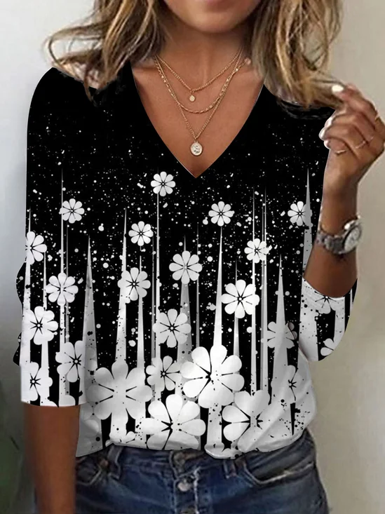 Women's Long Sleeve Tee T-shirt Spring/Fall Floral Jersey V Neck Daily Going Out Casual Top