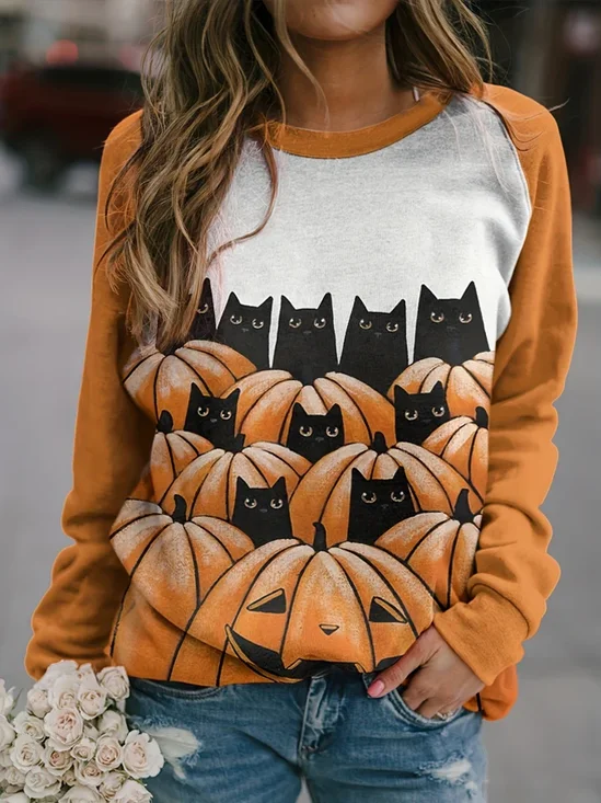 Women's Crew Neck Halloween (pumpkin) Printing Vintage Spring/Fall Long Sleeve Sweatshirt