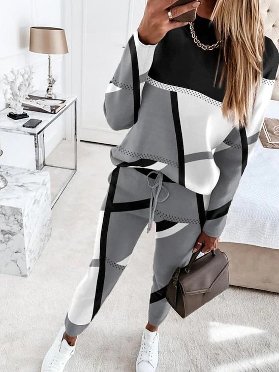 Women's Contrast Stitching Daily Going Out Two Piece Set Long Sleeve Casual Spring/Fall Top With Pants Matching Set