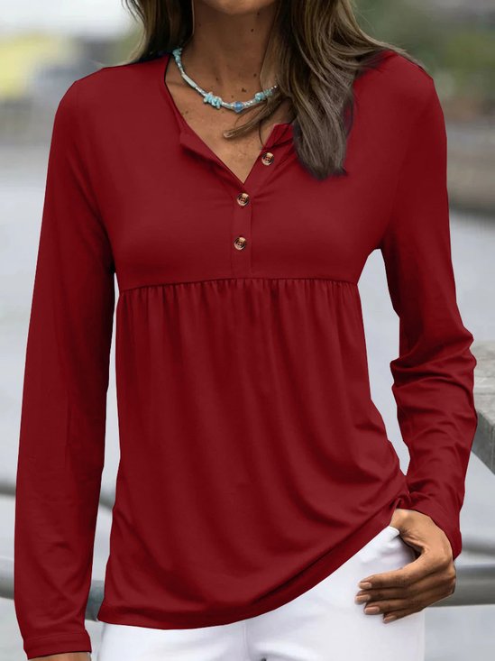 Women's Long Sleeve Tee T-shirt Spring/Fall Plain Buckle V Neck Daily Going Out Casual Top