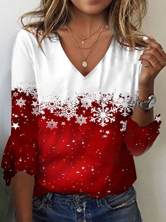 Women's Three Quarter Sleeve Tee T-shirt Spring/Fall Snowflake Printing Jersey V Neck Holiday Going Out Vintage Top