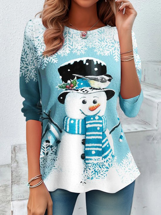 Women's Long Sleeve Tee T-shirt Spring/Fall Christmas Snowman Printing Jersey Crew Neck Holiday Going Out Vintage Top