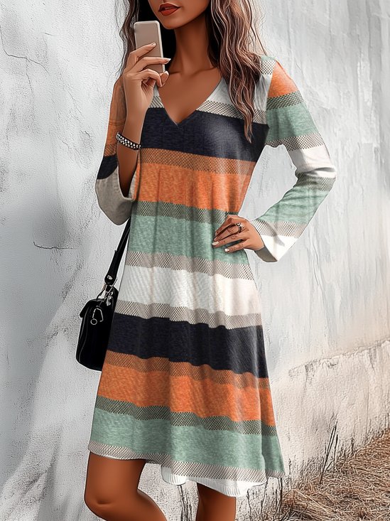 Women's Long Sleeve Summer Striped Jersey Dress V Neck Daily Going Out Casual Midi A-Line TUNIC