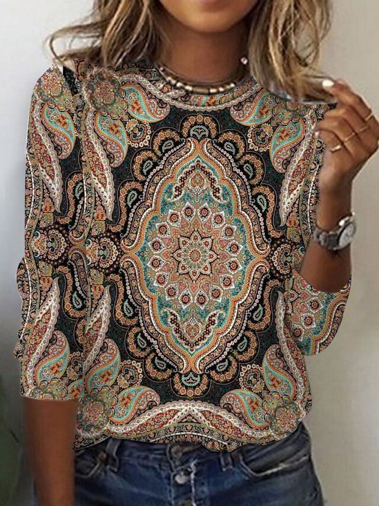 Women's Long Sleeve Tee T-shirt Spring/Fall Ethnic Printing Jersey Crew Neck Holiday Going Out Vintage Top