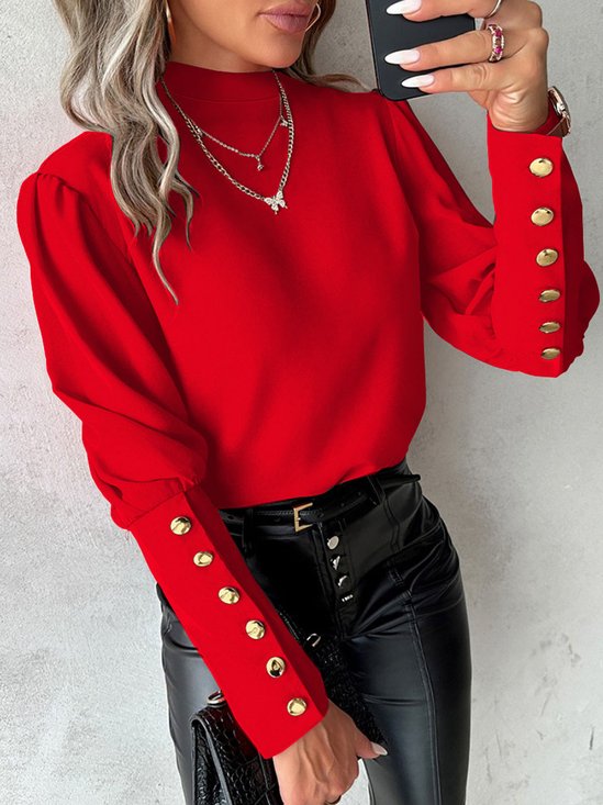 Women's Long Sleeve Blouse Spring/Fall Plain Buckle Mock Neck Daily Going Out Casual Top