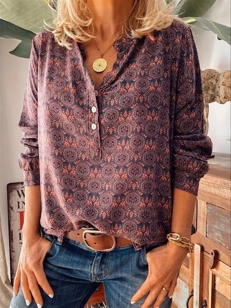 Floral Printed Shirt V-neck Long Sleeve Casual Blouse