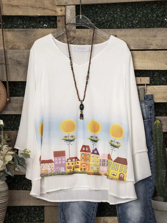 White Cotton-Blend Crew Neck Casual Floral Tops