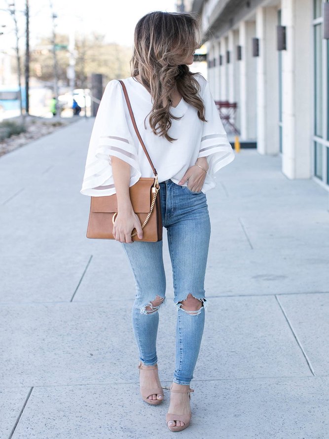 White V neck Plain Balloon Sleeve T-Shirt | justfashionnow